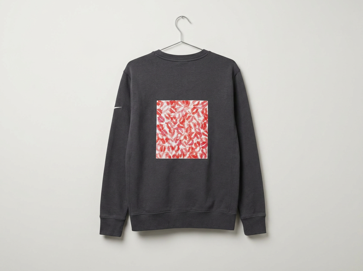 Charcoal sweatshirt with a square red lip print graphic applied to the back.
