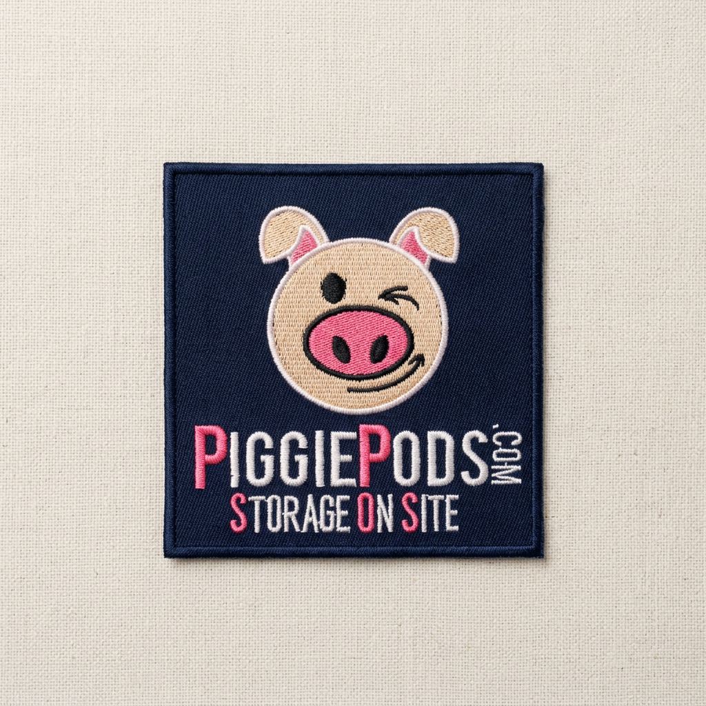PiggiePods embroidered patch with a pink pig face icon and company name.