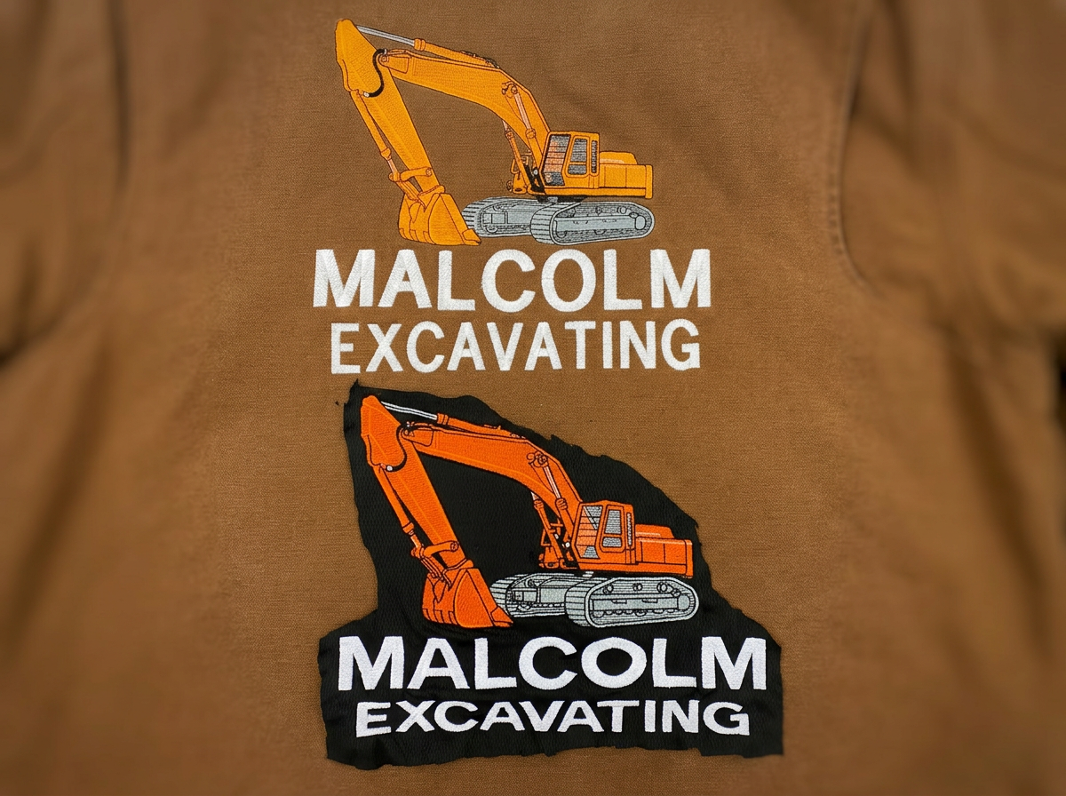 Two Malcolm Excavating embroidered excavator logos shown on brown canvas fabric.