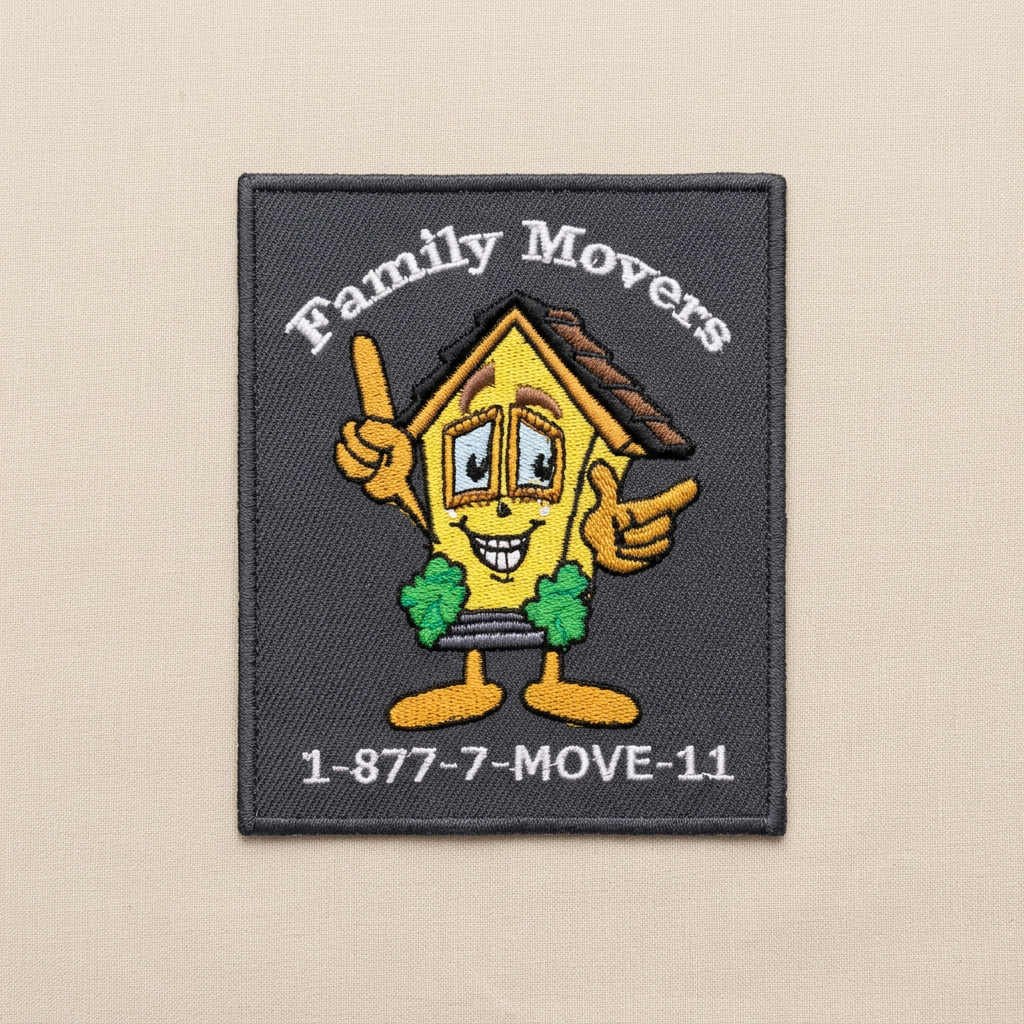 Family Movers embroidered patch with a cartoon house mascot and phone number.